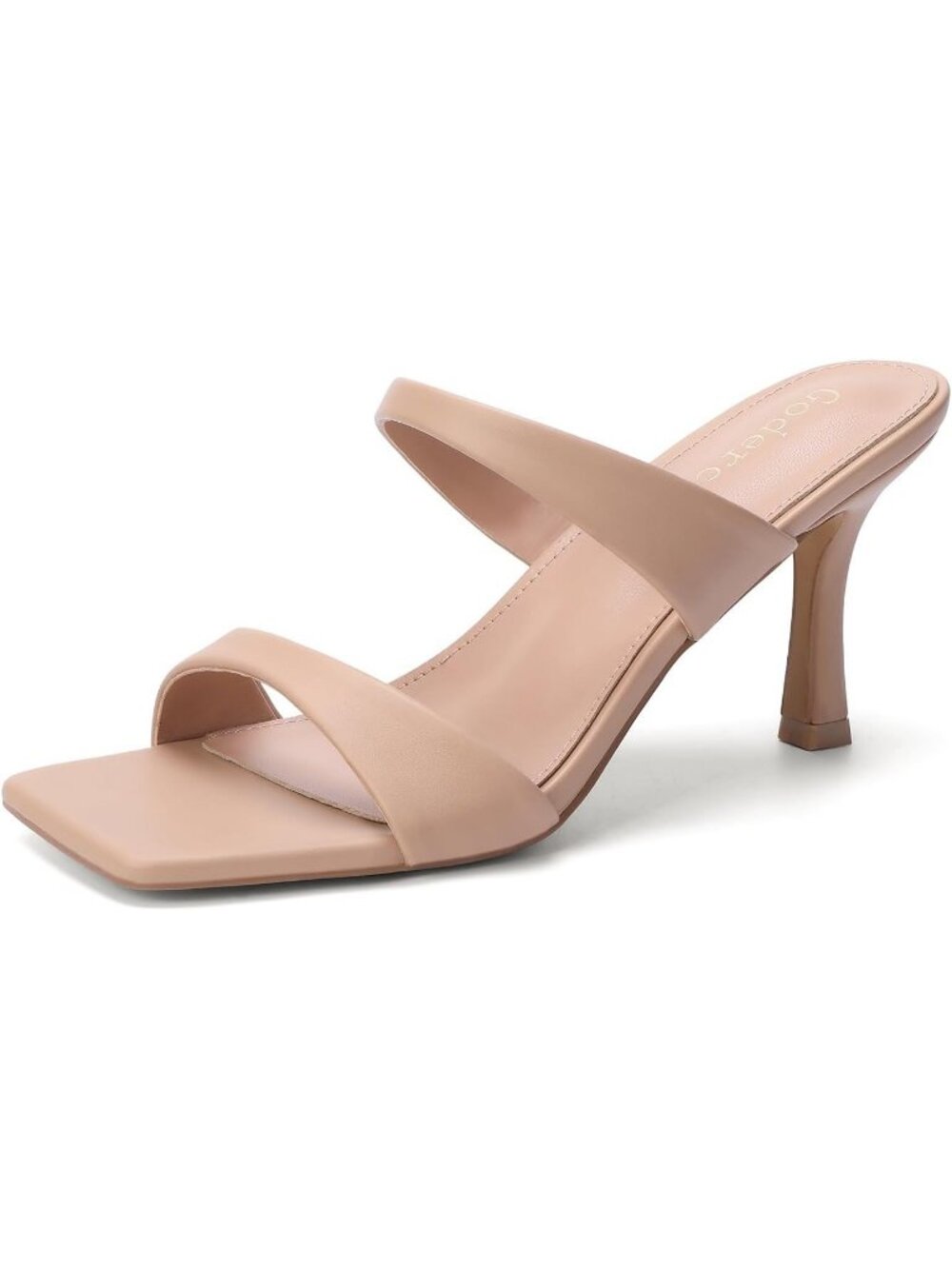 Women's Nude Two Straps Kitten Stiletto Heel Square Open Toe Slip On Sandals